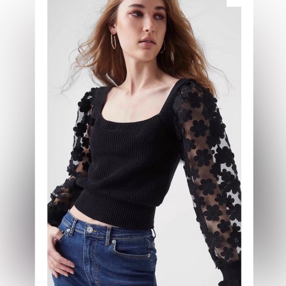French Connection Juliet Mozart lace sleeve sweater black puff sleeve coquette M